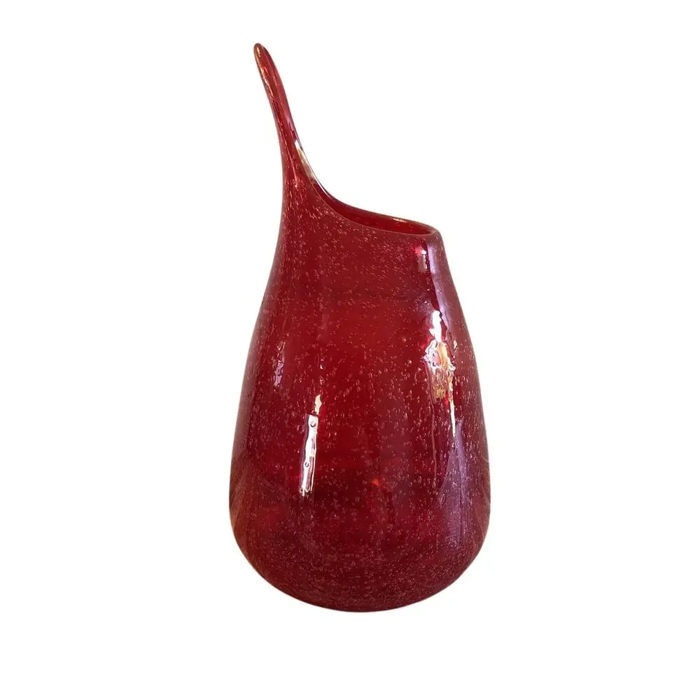Mid Century Modern Red Bubble Art Glass Bud Vase Hand Blown Stretch Vase 6.5